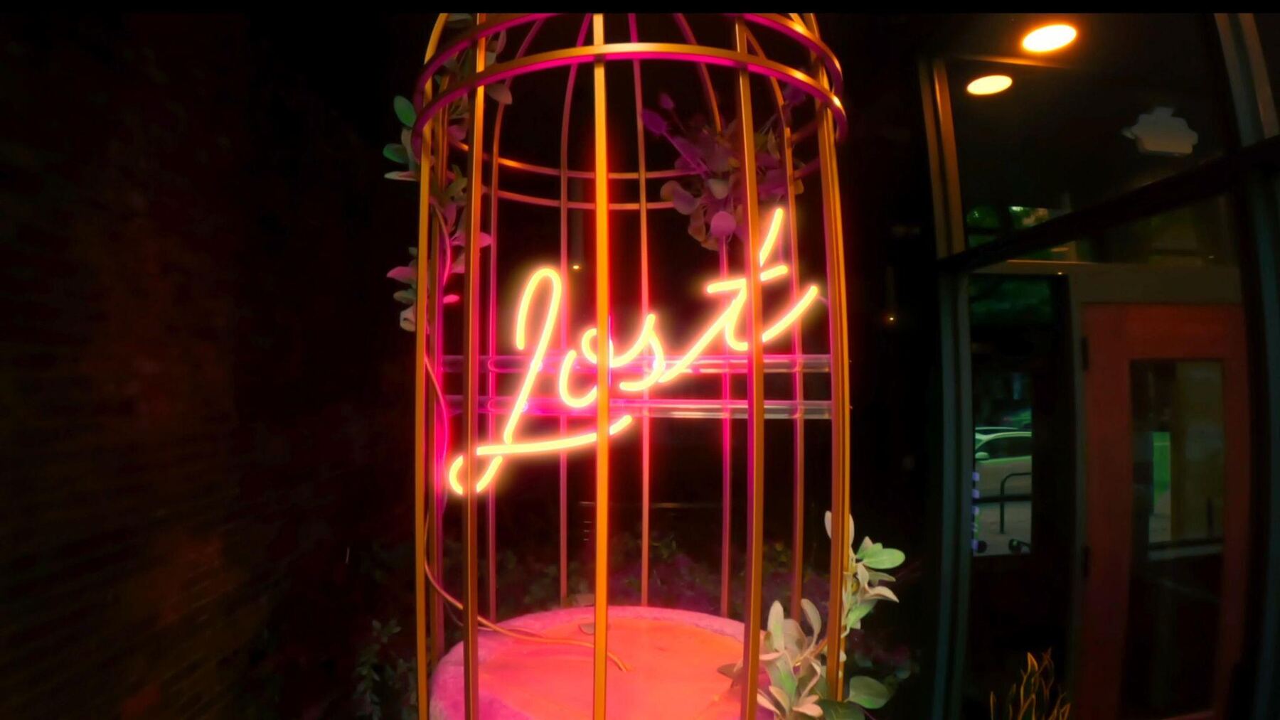 Neon Lost sign inside a birdcage at Lost Social